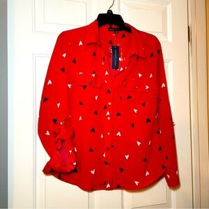 Adrienne Vittadini Woman’s Red Heart Blouse Size Small NEW Collared
